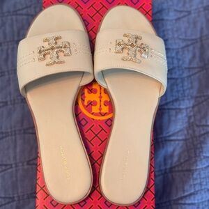 Tory Burch Cream Leather Sandals with Crystal Logo